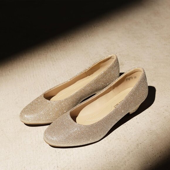 Dream Pairs Women's Gold/Glitter Closed Pointed Toe Low Chunky Heel Pump Shoes - Picture 7 of 7